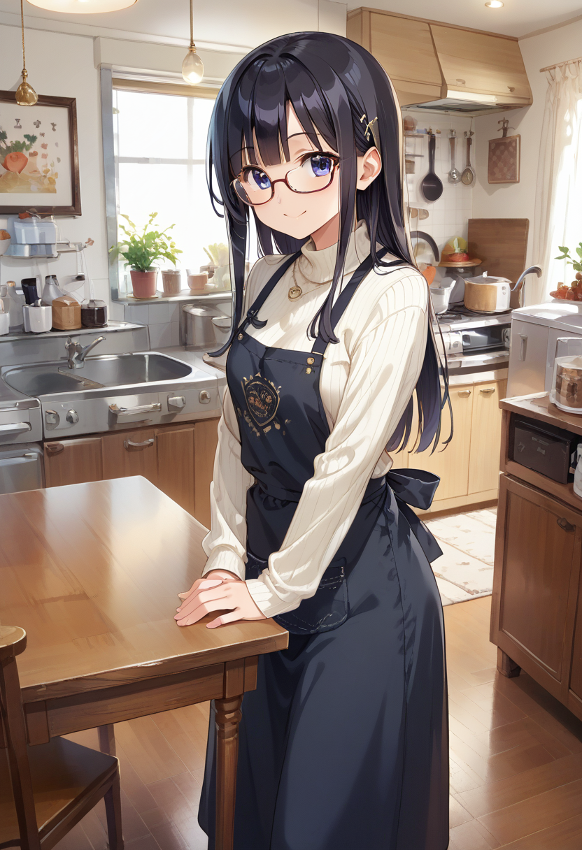 score_9, score_8_up, score_7_up, rating_safe, masterpiece, best quality, absurdres, unity 8k wallpaper, official art, official style, source_anime, uncensored, game cg, megami magazine,
1girl, solo, glasses, black hair, long hair, white ribbed sweater, black apron,  happy, smile, looking at viewer, own hands together,
JPkitchen, calendar (object), chair, indoors, scenery, window, sink, wooden table, lamp, kitchen, curtains, cabinet, clock, cofee mug, coffee, 
<lora:JP_kitchen_PONY_V1:1>