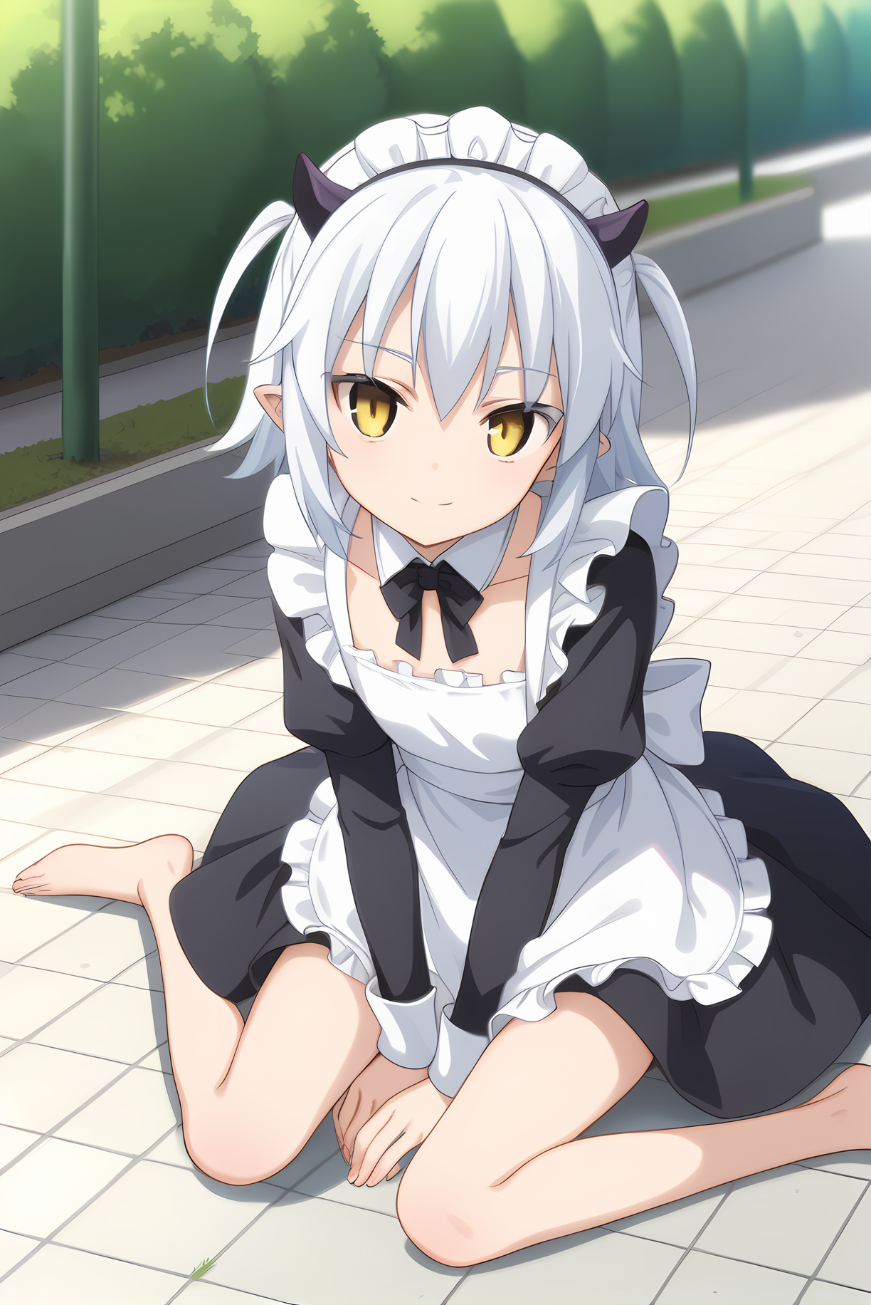 (maid apron), mt-shiroyasha, white hair, yellow eyes, short horns, 1girl, solo, skinny, feet, (score_9, score_8, score_7), source_anime, light smile, (park), (1.3::full body|sitting|standing|lying|0.6::close-up| :1.20), <lora:mt-shiroyasha-V01-000003:0.60>