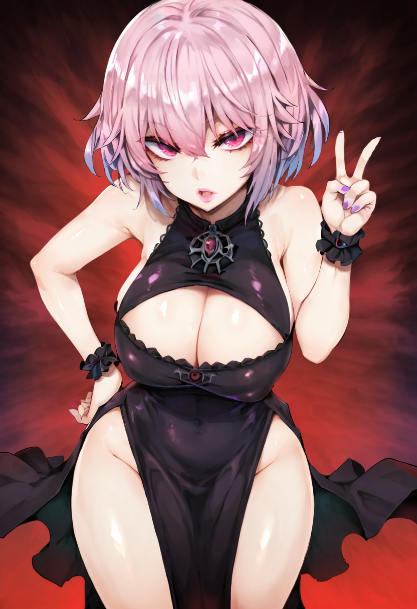 score_9, score_7_up,  1girl, 
solo, huge breasts, wide hips, thick thighs, gothic, gothic dress, cleavage cutout, pink lips, looking at viewer, breasts, v over eye, cleavage, red background, open mouth, cowboy shot, leaning forward, clothing cutout, hand on own hip, curvy, hair between eyes, wristband, very short hair, purple nails, pink eyes, covered navel, choker, thighs, pink hair, no bra, short hair, dress, v, covered nipples, black choker
 <lora:Tousen-Style-PonyXL-GLoRA-v1.1-000055:1>