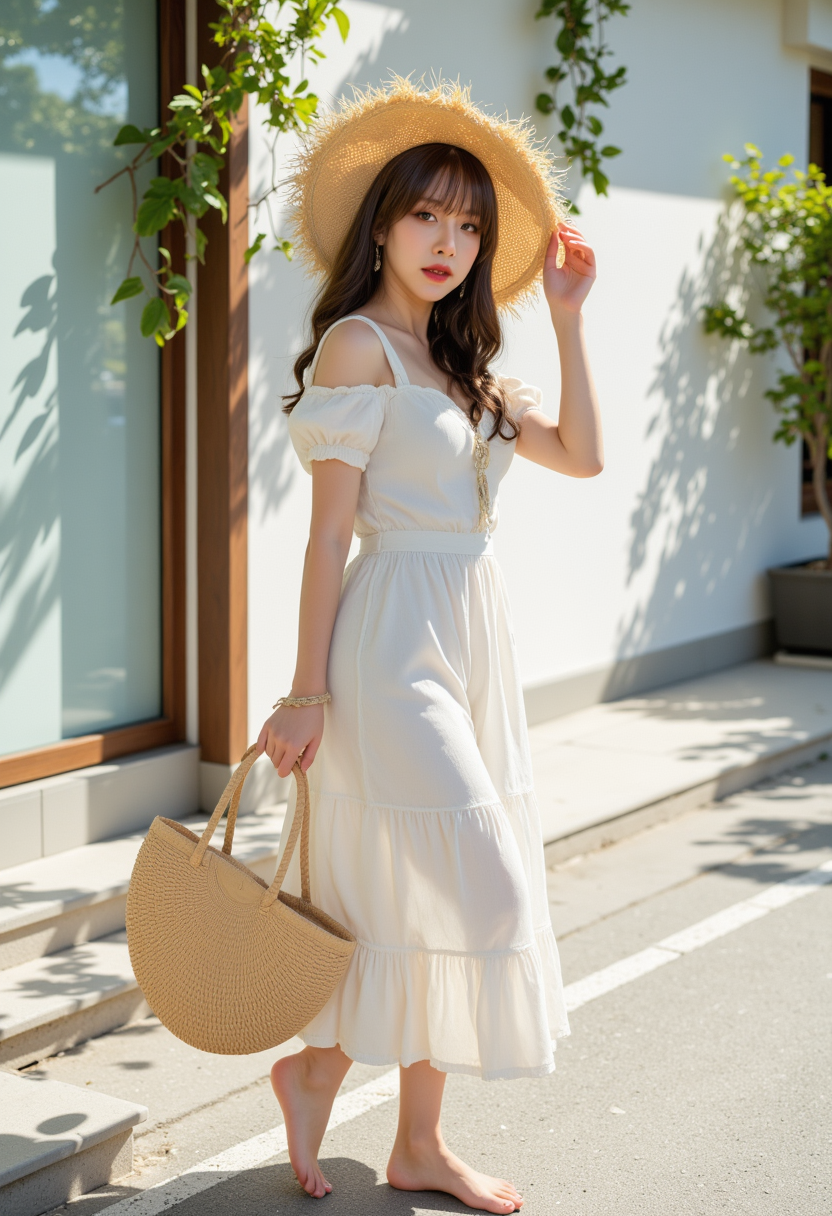 full body view, multiple angles, photoshoot poses; she has piercing eyes. A photo of a woman wearing a white dress, a straw hat, and holding a straw purse in her hand. she is barefoot. japanese outdoors, east asian architecture, 1girl, scenery, building, shadow, walking, pavement, signature, plant, sunlight, floral print, sash, obi, day, street. She is posing for the camera with a confident expression. The photo is in a vintage style, with a soft focus and a sepia tone. there is a sense of nostalgia and timelessness to the scene. She is smiling. The background is a simple white wall. The overall mood of the image is Happy.RAW candid cinema,16mm,color graded portra 400 film,remarkable color,ultra realistic,textured skin,remarkable detailed pupils,realistic dull skin noise,visible skin detail,skin fuzz,dry skin,shot with cinematic camera,detailed skin texture,(blush:0.2),(goosebumps:0.3),subsurface scattering,beautiful photograph in the style of Augustus John,Sergio Toppi,Virginia Frances Sterrett,8k HD,detailed skin texture,ultra realistic,textured skin,analog raw photo,cinematic grain,whimsical.perfection style,aidmafluxpro1.1