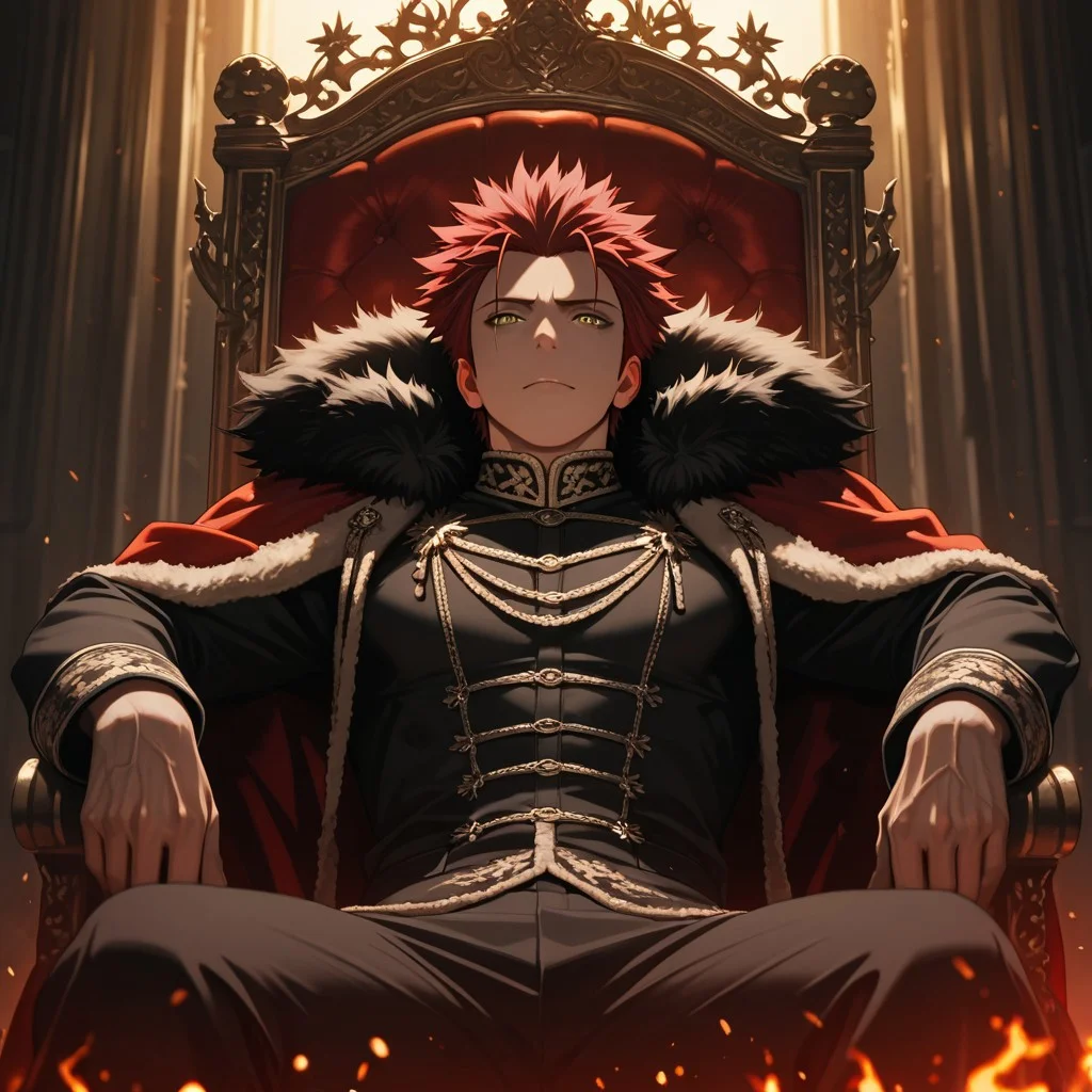 masterpiece, best quality, amazing quality, absurdres, newest, detailed background, definition so sharp, Ultra-HD, 8K cinematic, very awa, impressionate, amazing quality, highres,
solo, male focus, manly,
1boy, spiked hair, short hair, mikoto_red hair, mikoto_yellow eyes, mikotosuoh, royal attire, fur trim, dim lighting, shadows, regal, commanding presence, confident, unapproachable, burning embers, faint light, throne, leaning back, relaxed pose,