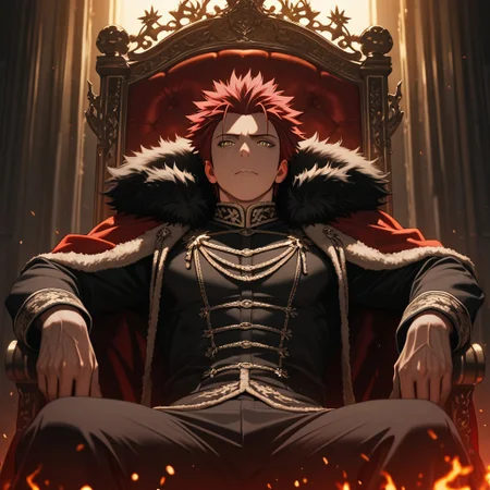 masterpiece, best quality, amazing quality, absurdres, newest, detailed background, definition so sharp, Ultra-HD, 8K cinematic, very awa, impressionate, amazing quality, highres,
solo, male focus, manly,
1boy, spiked hair, short hair, mikoto_red hair, mikoto_yellow eyes, mikotosuoh, royal attire, fur trim, dim lighting, shadows, regal, commanding presence, confident, unapproachable, burning embers, faint light, throne, leaning back, relaxed pose,