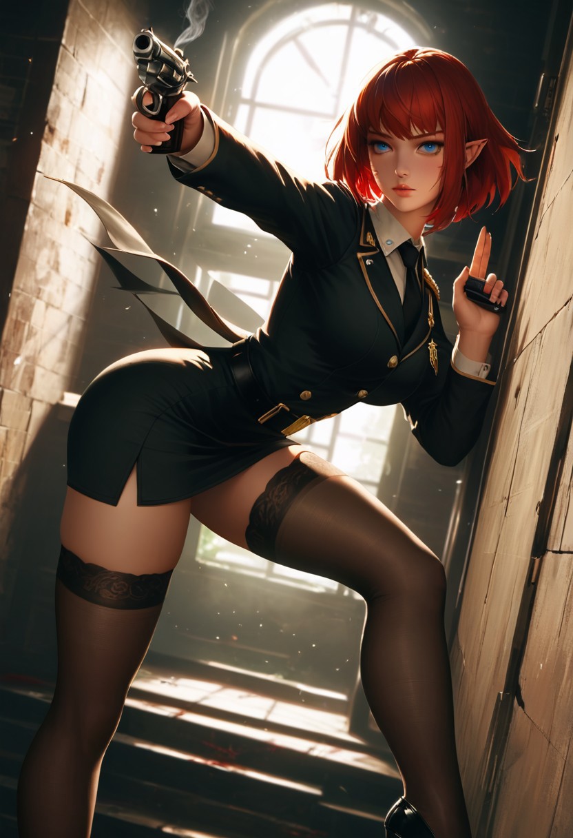 score_9, score_8_up, score_7_up, score_6_up, score_5_up, score_4_up, Cinematic Lighting, Volumetric Lighting, Bloom, Post Processing, Perfect Anatomy, 8K,
1 girl ((Solo))
big eyes, very short hair, bangs, blue eyes, brown hair, red eyes, lips, scars, pointy ears, elven ears.
Slim Figure, Narrow Waist, Wide Hips, (High Breasts), (big Breasts: 1.2), Perfectly Round Breasts, Perfect Round Butt, Wide Hips, nice legs,
-- clothes -- Heavy officer's coat with epaulettes and insignia, long coat, very long coat, tie, office shirt with buttons, skirt, high-heeled shoes, stockings, detective badge, belt with holster for a weapon.
BREAK
The detective girl squatted, leaning her back against the wall of the corridor. Dark corridor, dim light, holding a cigarette, exhaling smoke, holding a revolver in her other hand, looking at the ceiling, tired look, blood stain on clothes, blood stain on face.
Walls in shadows, cracks in the walls, old house from the 1950s, old lamps, broken window at the end of the corridor, open doors. Thick dark shadows, light from the window.
A noir detective atmosphere. Heavy oppressive atmosphere.
Sideways view. 3/4 view. Focus on the torso, close-up.
(realistic style photo)(realistic:1.2)
dynamic lighting, warm lighting, dreamy lighting, realistic volumetric lighting
<lora:DandonFuga_Style_v.2_-_Pony:0.65>