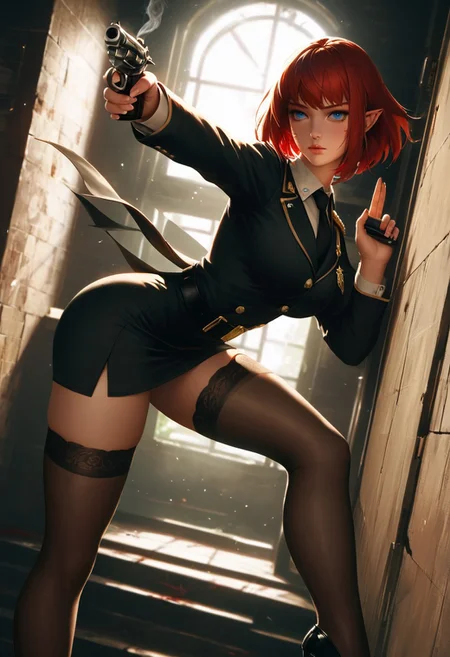 score_9, score_8_up, score_7_up, score_6_up, score_5_up, score_4_up, Cinematic Lighting, Volumetric Lighting, Bloom, Post Processing, Perfect Anatomy, 8K,
1 girl ((Solo))
big eyes, very short hair, bangs, blue eyes, brown hair, red eyes, lips, scars, pointy ears, elven ears.
Slim Figure, Narrow Waist, Wide Hips, (High Breasts), (big Breasts: 1.2), Perfectly Round Breasts, Perfect Round Butt, Wide Hips, nice legs,
-- clothes -- Heavy officer's coat with epaulettes and insignia, long coat, very long coat, tie, office shirt with buttons, skirt, high-heeled shoes, stockings, detective badge, belt with holster for a weapon.
BREAK
The detective girl squatted, leaning her back against the wall of the corridor. Dark corridor, dim light, holding a cigarette, exhaling smoke, holding a revolver in her other hand, looking at the ceiling, tired look, blood stain on clothes, blood stain on face.
Walls in shadows, cracks in the walls, old house from the 1950s, old lamps, broken window at the end of the corridor, open doors. Thick dark shadows, light from the window.
A noir detective atmosphere. Heavy oppressive atmosphere.
Sideways view. 3/4 view. Focus on the torso, close-up.
(realistic style photo)(realistic:1.2)
dynamic lighting, warm lighting, dreamy lighting, realistic volumetric lighting
<lora:DandonFuga_Style_v.2_-_Pony:0.65>