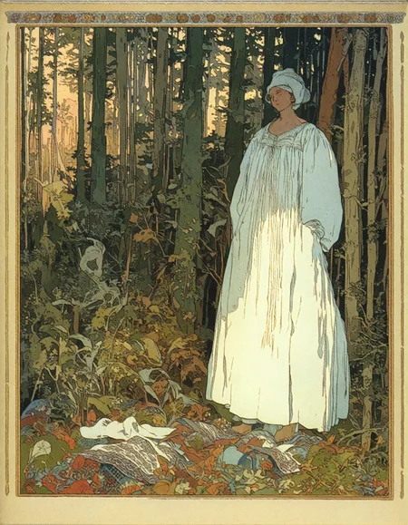 <lora:ivan-bilibin_pony_v1:1> ' illustration forest' by bilibin ivan in 1900,illustration \(genre\),art nouveau \(modern\) \(style\), textile, a girl in a white dress in a forest, score_9, score_6_up, score_7_up
