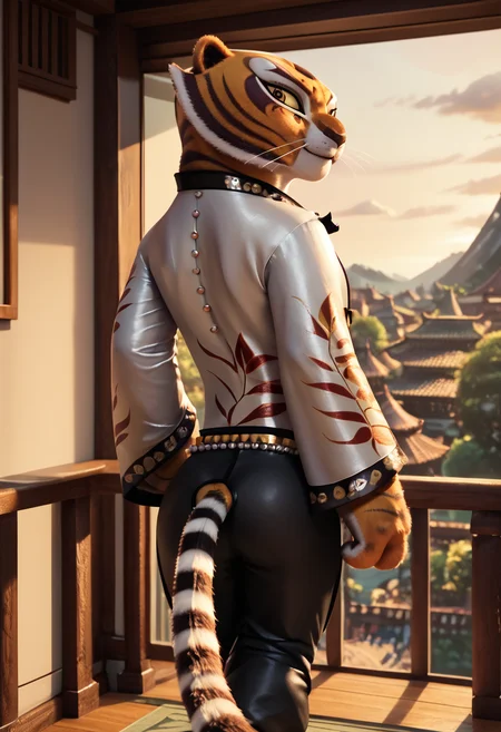 score_9, score_8_up, score_8, <lora:Master_Tigress_Kung_Fu_Panda_for_PonyXL:0.8> 1girl, m4stertigr3ss, solo, tail, looking at viewer, pearl qipao, sleeves, black silk pants, rear view,
indoors, balcony,