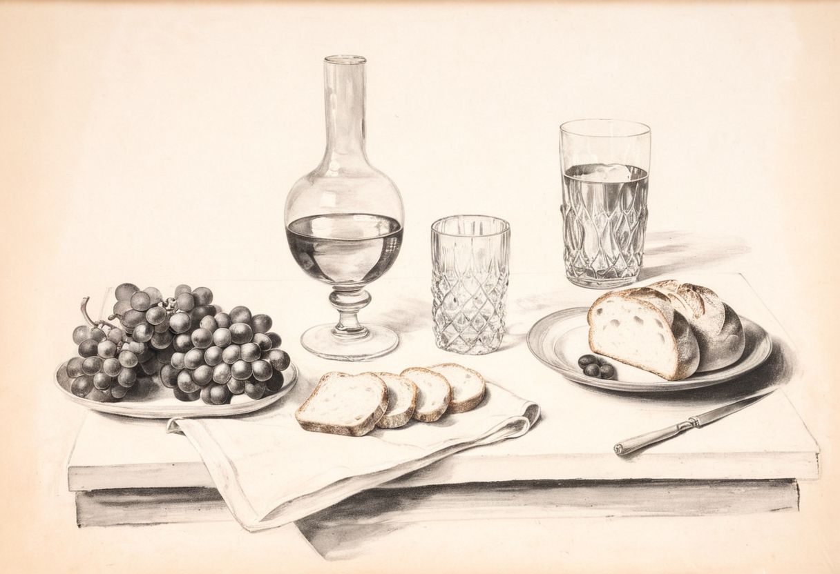 a sketch of a still life, no humans, food, grape, indoors, glass, flower, bread, monochrome, <lora:sketch_study_XL_resize:1.2>