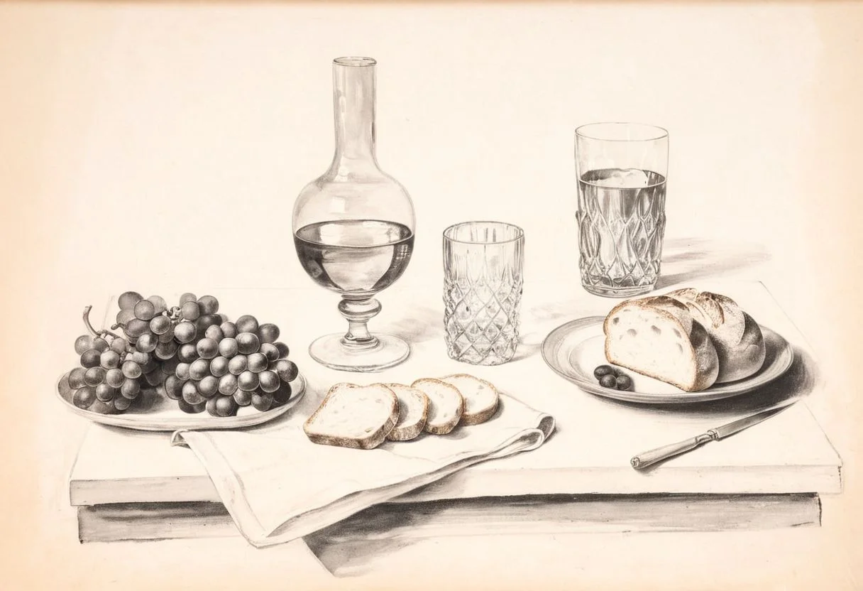 a sketch of a still life, no humans, food, grape, indoors, glass, flower, bread, monochrome, <lora:sketch_study_XL_resize:1.2>