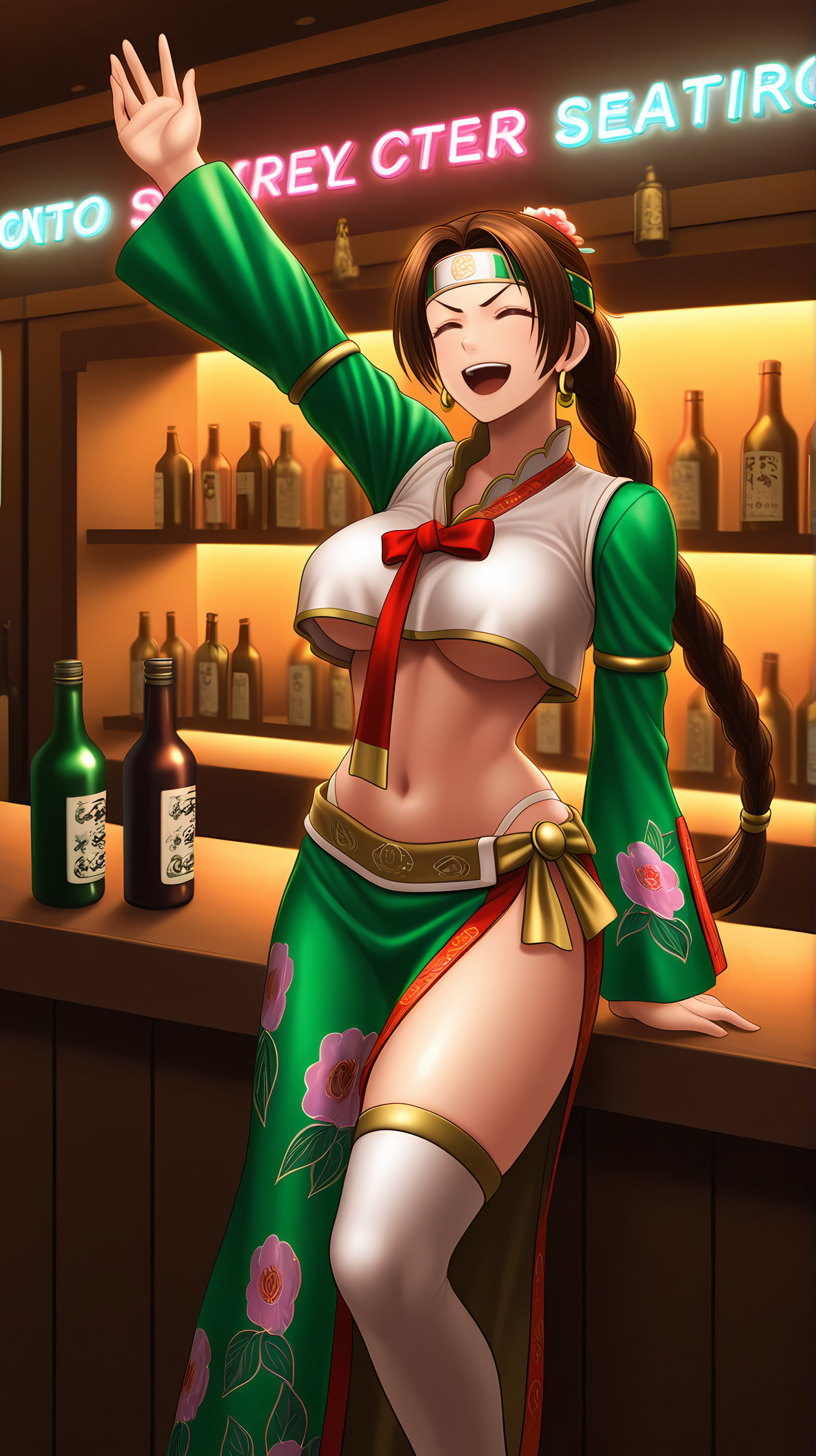 1girl, solo, (artist:kanno takanori:0.16),
 <lora:Seong_Mi-Na_SC4_Illu_Dwnsty:1>, mnseongsciv, brown eyes, brown hair, long hair, braided ponytail, long braid, long hair, headband, hair flower, hair ornament, jewelry, earrings, midriff, crop top, white vest, no bra, korean clothes, red necktie, norigae, jeogori (clothes), green sleeves, long sleeves, wide sleeves, underboob, white panties, single thighhigh, white thighhigh,navel, side slit, green sarong, floral print, doyagao, proud, happy, smug, ^ ^,  v-shaped eyebrows, = =, closed eyes, crawling, arms stretched forward, looking up, 
detailed eyes, detailed body,
club, bar, bar counter, alcohol bottles, neon lights, dim lighting, stools, shelves, modern, vibrant, nightlife, sleek, 
(masterpiece, best quality, aesthetic, detailed),