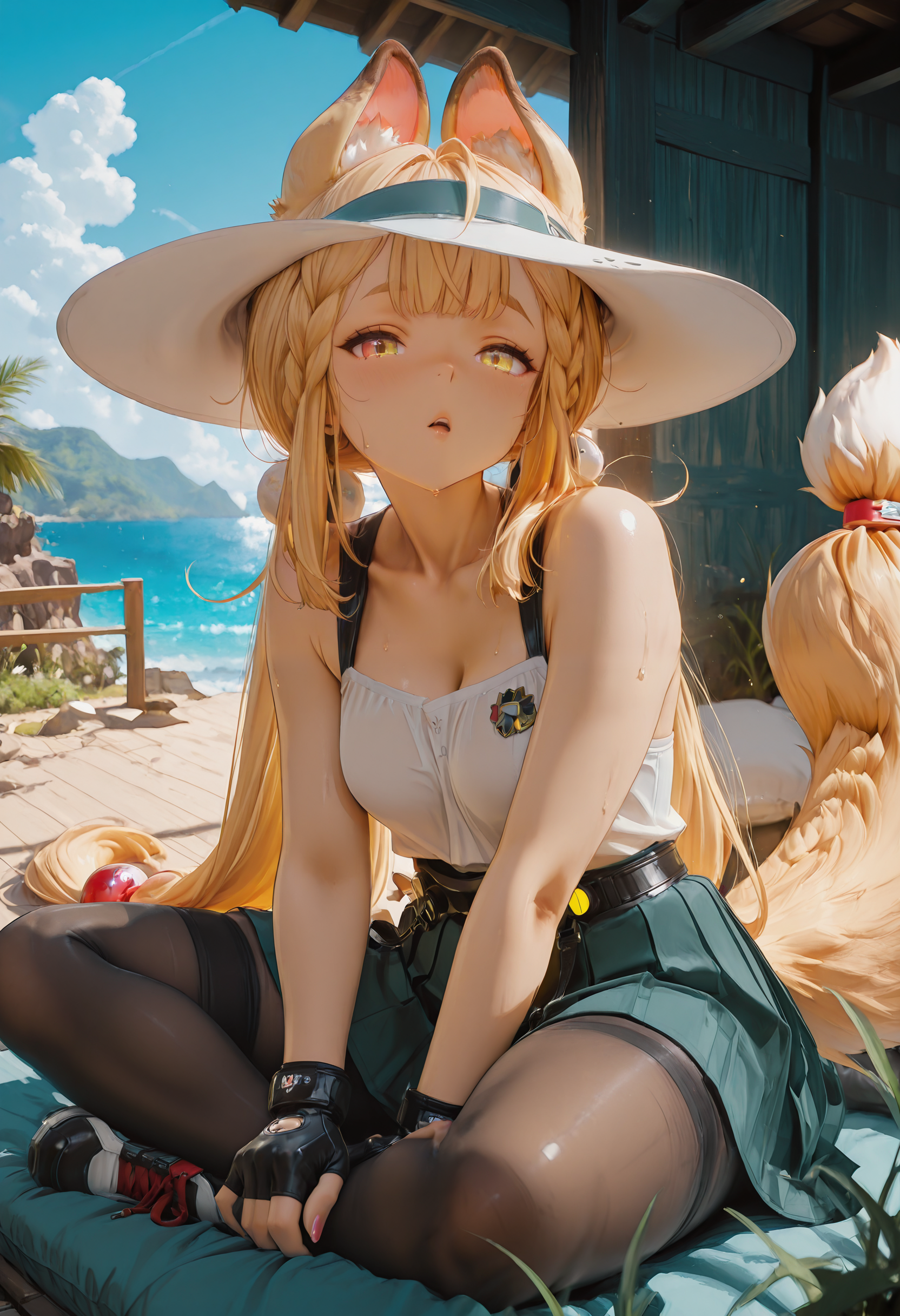 alice, animal ears, blonde hair, braid, bangs, hair ornament, low twintails, tail, (heterochromia), (heterochromia: red and yellow), skirt,  black gloves, fingerless gloves, black pantyhose, pleated skirt, long sleeves, low-tied long hair, shoes, white shirt,, sweat,  aesthetic, absurdres,  curvy woman,  parted lips, thigh highs, (dynamic angle), solo, Enchanting Eyes, tired face, yawning,  score_9, score_8_up, score_7_up, 1girl, solo, looks at viewer,  flexible, sexy pose,  breasts, (slim body: 1.2), (detailed face: 1.2), (detailed body: 1.2), perfect face, cowboy_shot,  (perfect face: 1.2), (detailed background), summer, outdoors, blue_sky, hands on legs, fisheye effect, sunny, sunlight, (colorfull), , ultra-detailed, intricate details,  masterpiece, best quality, (highres: 1.2), 8k, sharp focus, dramatic lighting, rim light, soft shiny skin, perfect face, perfect eyes, detaled body, cinematic lighting,  vivid color, sharp details, detailed clothing, super detailed skin, detailed eyes, detailed hands, perfect fingers, elegant hands, (detailed nails:1.2), (long slender fingers:1.1),  detailed lips, 5 fingers        