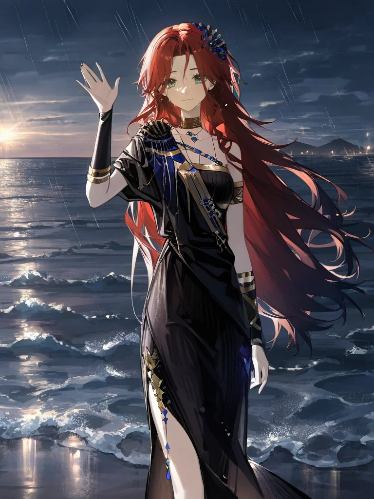 ,1girl,solo,,sophia\(manus vindictae\)\(reverse:1999\),long hair,black dress,sophia\\(reverse:1999\\),dusk,sunset,rain,night_sky,ocean,beach,looking at viewer,tears,light smile,waving arm,looking_at_viewer,<lora:fanggeCL-000024:0.8>,<lora:sophia-000012:0.9>, masterpiece, best quality, very aesthetic, absurdres