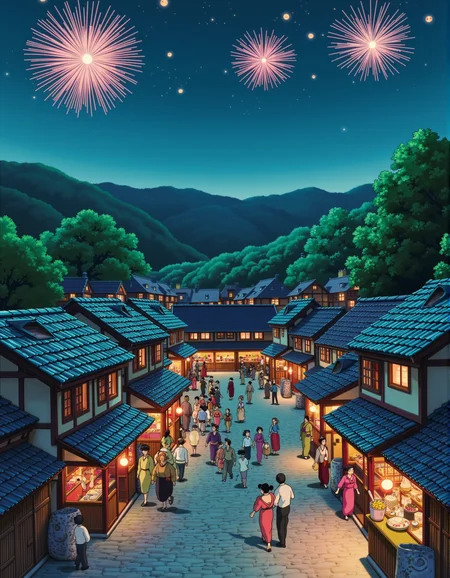 <lora:Studio_Ghibli_Flux:1> ghiblistyle
A whimsical and heartwarming Japanese night festival rendered in the distinct, hand-painted style of Studio Ghibli. The scene is set in a traditional village glowing with warm lantern light, nestled among gentle forested hills. The cobblestone streets are alive with festival-goers in colorful yukata, children chasing each other with sparklers, and food stalls offering takoyaki, mochi, and taiyaki. Overhead, a brilliant display of fireworks blooms in the starry sky, casting soft pastel reflections on rooftops and surrounding trees. Geisha and Maiko in richly patterned silk kimonos glide gracefully through the crowd, their laughter gentle and serene. Delicate lanterns float upward into the sky, mingling with the stars. Subtle magical touches enrich the sceneâa floating spirit lantern with a face, a small soot sprite peeking from a shadowed corner, and fox masks that seem to blink. The mood is nostalgic, enchanted, and full of gentle wonder, viewed from a low, immersive angle as if through the eyes of a child taking in the magic of the night.