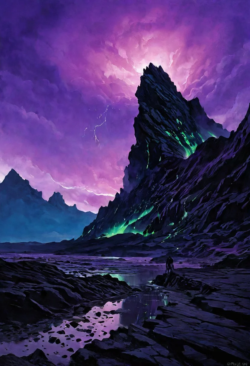 DB4RZ style painting, A dark, otherworldly volcanic landscape looms under a vast, star-filled night sky. The monumental volcano, towering and ominous, is formed from nearly black rocks and violently erupts with glowing streams of magma that pour down its slopes, casting an eerie light across the scene. Above, gigantic clouds swirl, unnaturally illuminated in vivid, otherworldly hues of deep purples, greens, and electric blues, stark against the dark sky. The stars seem brighter than usual, scattered like silver dust across the heavens, adding to the surreal atmosphere. Amidst this chaotic beauty, a lone cloaked figure sits quietly on a jagged outcrop of stone, silhouetted against the volcanic glow. The strange mix of the volcanic fury, the alien light from the clouds, and the serene starlit sky creates a scene both majestic and unsettling, where natural forces collide with unnatural light in a sublime display. (purple sky colors: 2.5) (ethereal glow: 2.3)
(8k uhd:1,4)
<lora:add-detail-xl:1>
<lora:Dynamic Poses:1>