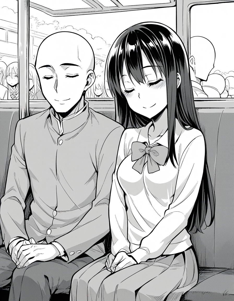 score_9, score_8_up, score_7_up, source_anime, <lora:saki-yoshida-manga-ponyxl-lora-nochekaiser:1>, saki yoshida, long hair, monochrome, greyscale, black hair, medium breasts, <lora:leaning-on-person-side-by-side-ponyxl-lora-nochekaiser:1>, leaning on person side-by-side, sitting, hetero, sleeping, couple, train interior, leaning on person, school uniform, faceless male, bald, faceless, smile, blush, closed eyes,,