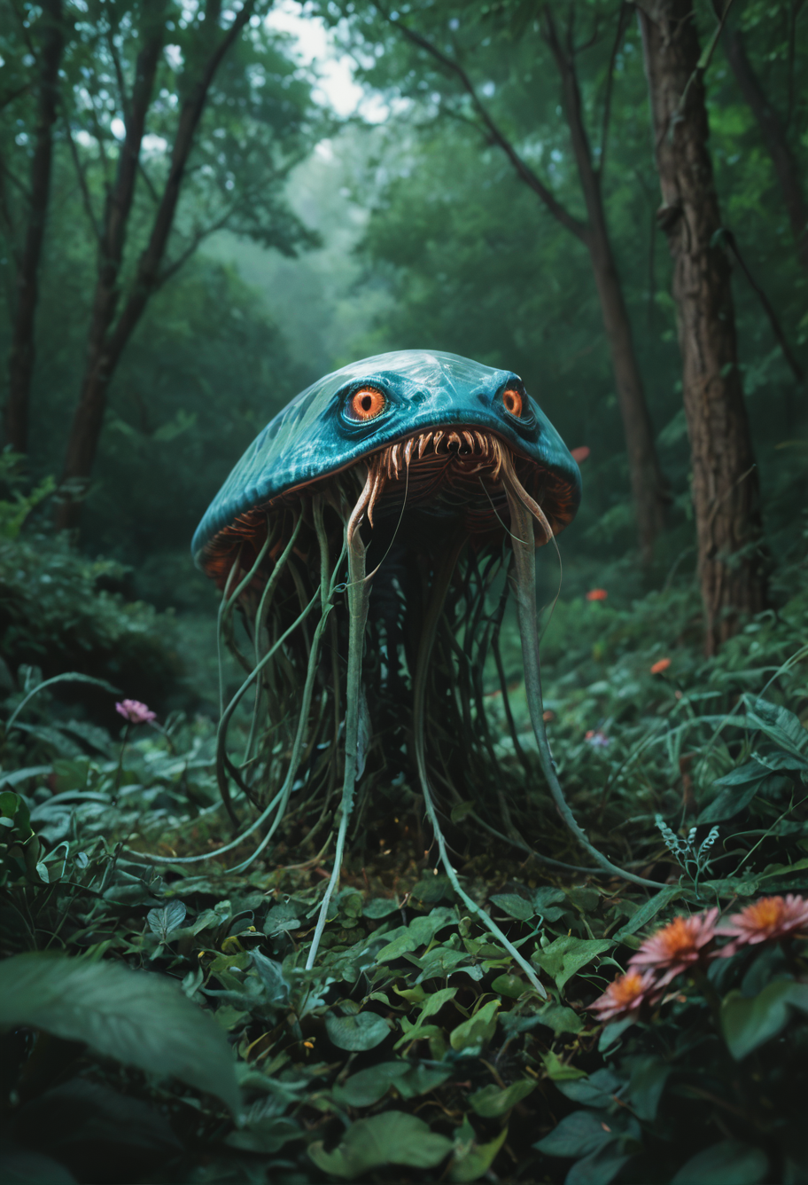 score_9, score_8_up, score_7_up zPDXL3  (astonishing hybrid creature) with fungal spotted white skin, vines on the body, fungal tendrils, gills, tentacles, luminescent eyes, ethereal wisps, set in a lush alien forest, teeming with vibrant, oversized flowers that emit a faint glow, dense foliage providing shelter to mysterious, alien creatures, at night  ,zPDXLrl,  dynamic pose,  <lora:detailed_notrigger:1>