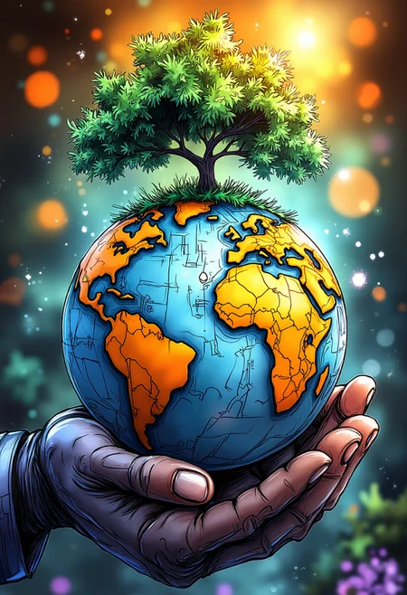 bold Letter on the says "Save our World" AI, Artificial Intelligence Concept, a world in his hand, on the top of the world a green tree, Futuristic technology transformation,