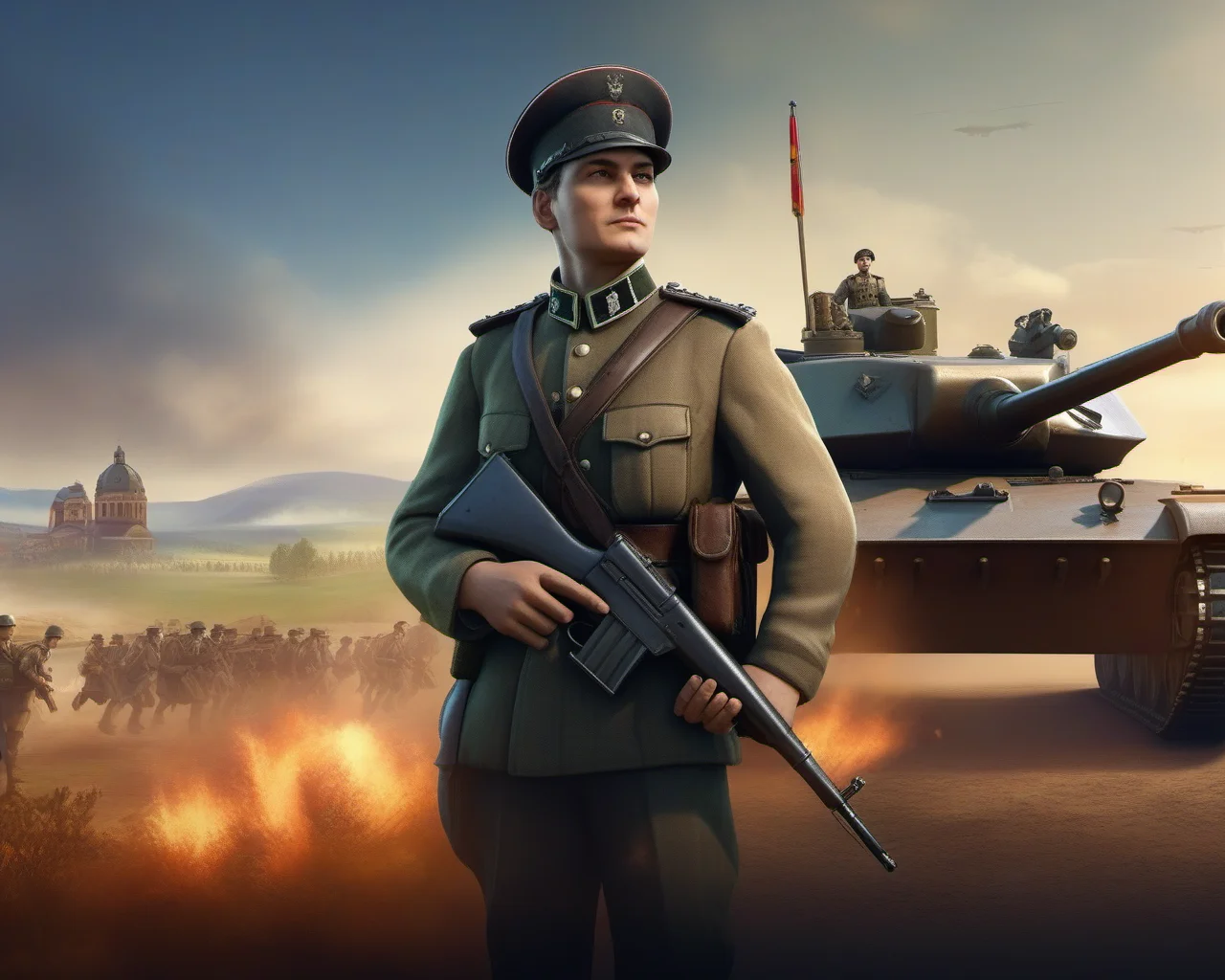 Civilization 6 style, German soldier standing on a tank, battlefield background, <lora:ææXLv1:1>