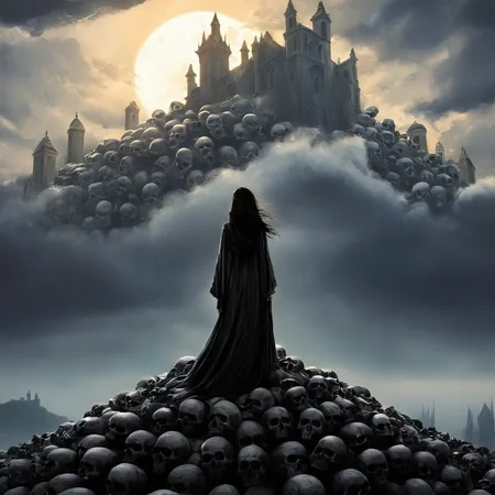 Horror-themed, <lora:perfection style:0.6>
<lora:Chiaroscuro Lighting Style:0.6>
<lora:carcosa city style v2:0.9>
In an ancient and mysterious world a painting of a woman standing on a pile of skulls,long hair,sky,cloud,cloudy sky,outstretched arms,scenery,skull,robe,sun , detailed, real, different, unique, cinematic, dramatic, concept art, filmic, detailed background, detailed settings, artstation, carcosa city style, Eerie, unsettling, dark, spooky, suspenseful, grim, highly detailed