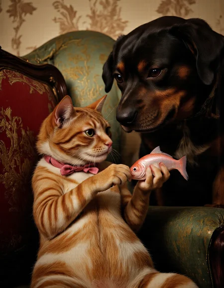 <lora:funnys:1>, This image is a hyper-realistic photograph capturing an enchanting and whimsical scene. It features two anthropomorphic animals seated on a vintage-style green armchair, rendered with meticulous attention to detail and lifelike textures. On the left sits a striped ginger cat with soft, velvety fur, its sleek coat showcasing intricate tabby patterns that ripple subtly under the light. Its large, round eyes reflect delicate highlights, making them appear almost alive, imbuing the cat with a sense of quiet intelligence. The cat wears a perfectly knotted pink bow tie, contrasting elegantly against its warm, earthy tones. Its expression is calm yet slightly aloof, as if lost in thought, while its lithe yet slightly chubby bodyâwith fine folds of skin visible around its neckârests comfortably with paws crossed in its lap.,
To the right, a black and brown dog with glossy, intricately detailed fur gazes intently at a small, shimmering pink fish held delicately in its paws. The dog's expressive eyes are filled with concern and curiosity, each strand of fur meticulously defined, creating a sense of tactile realism. The fish gleams under soft lighting, its scales catching the light with a pearlescent sheen, adding a touch of magic to the composition.,
The background showcases an old floral-patterned wallpaper, its intricate design rendered with stunning clarity. Subtle shades of beige and light brown blend seamlessly, while the delicate floral motifs feature muted colors that evoke nostalgia. The dark green armchair, upholstered in a fabric with a slightly worn texture, anchors the scene with its rich, tactile surface. A red and gold patterned cushion on the left side adds a pop of color and depth, its embroidered details crisp and vivid.,
The interplay of light and shadow enhances the three-dimensional quality of the photograph, lending it an immersive atmosphere. Every elementâfrom the lifelike textures of the animals' fur to the aged patina of the armchairâcreates a seamless blend of classic charm and modern precision. The result is a humorous yet heartwarming moment frozen in time, inviting viewers into a world where reality meets imagination. The ginger cat's striking striped pattern adds a playful and dynamic contrast to the serene setting, further enhancing the visual narrative.