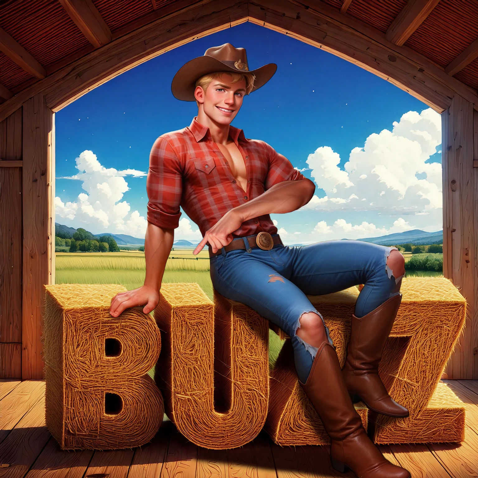safe_pos, safe_pos, safe_pos, (score_9, score_8_up, score_7_up), full body, front view,
best quality, highly detailed, ultra high quality, masterpiece, high res,
1boy, solo, Twink, sexy, male focus,
blonde hair, short hair, cowboy hat, fully clothed, plaid shirt, closed shirt, blue jeans, ripped knee blue jeans, cowboy boots, sitting on hay bale, pointing at hay bale, finger pointing down at hay bale,
looking at viewer, smirk, backlit, golden lighting,
male, soft face, large pectorals, lean body, wide shoulders, slim waist,
Detailed background, barn interior, farm, blue sky, clouds, hay bale,
