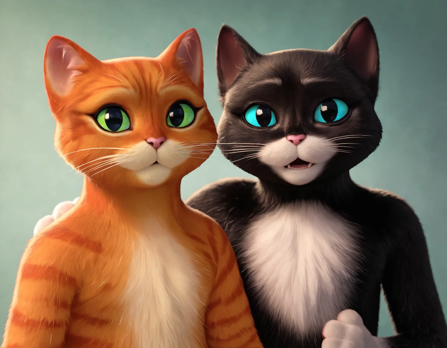 score_9, score_8_up, score_7_up, score_6_up, score_5_up, source_furry, duo, male with female, anthro, looking at viewer, happy, close up,<lora:Dreamworks_Furry_Mix:0.6>
BREAK
KittySoftpaws, 1girl, black cat, two tone fur, white fur on chest, blue eyes, pink cat nose, cat ears,
BREAK
PussInBoots, 1boy, orange cat, two tone fur, yellow eyes, pink cat nose, cat ears,
BREAK
in bedroom, bedroom background,