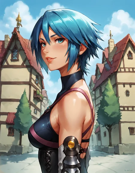 score_9, score_8_up, aqua, upper body, from side, walking, town, looking at viewer, detailed environment <lora:AquaSDXL:1>  <lora:Smooth Anime 2 Style SDXL_LoRA_Pony Diffusion V6 XL:1>