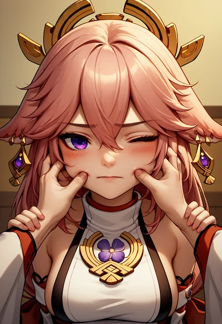 score_9, score_8_up, score_7_up, source_anime, 1girl, cheek pinching, pov hands, <lora:PinchingPOVBothHands_XLPD:1>, upper body, blush, one eye closed, yae miko,