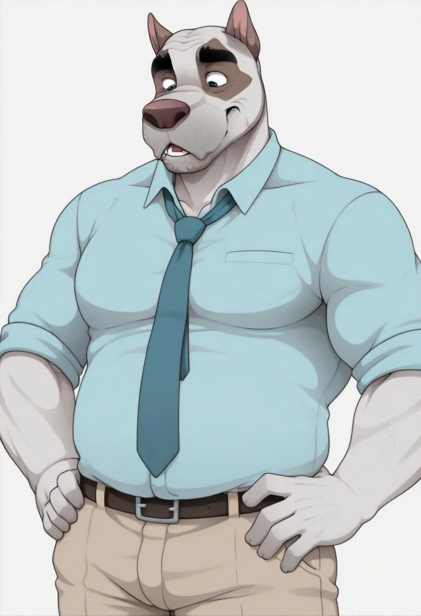 masterpiece, best quality, amazing quality, solo, 1boy,
Emery_Waldren, anthro pitbull, furry, muscular, blue collared shirt, tan pants, belt, mature male, muscular male, animal ears, muscle gut, plump gut, tie, white background, hands on hip, stubble,