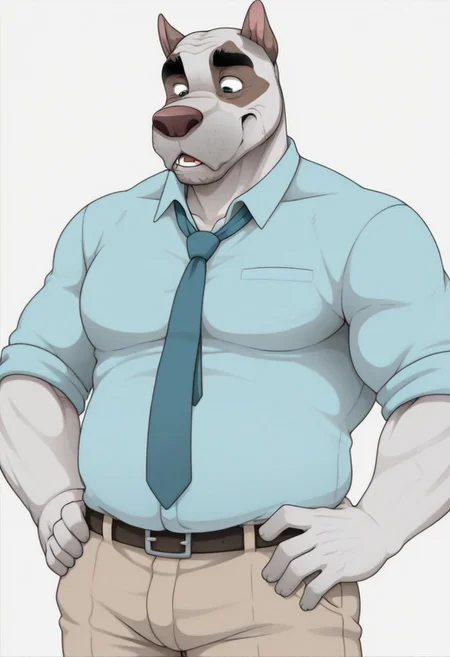 masterpiece, best quality, amazing quality, solo, 1boy,
Emery_Waldren, anthro pitbull, furry, muscular, blue collared shirt, tan pants, belt, mature male, muscular male, animal ears, muscle gut, plump gut, tie, white background, hands on hip, stubble,