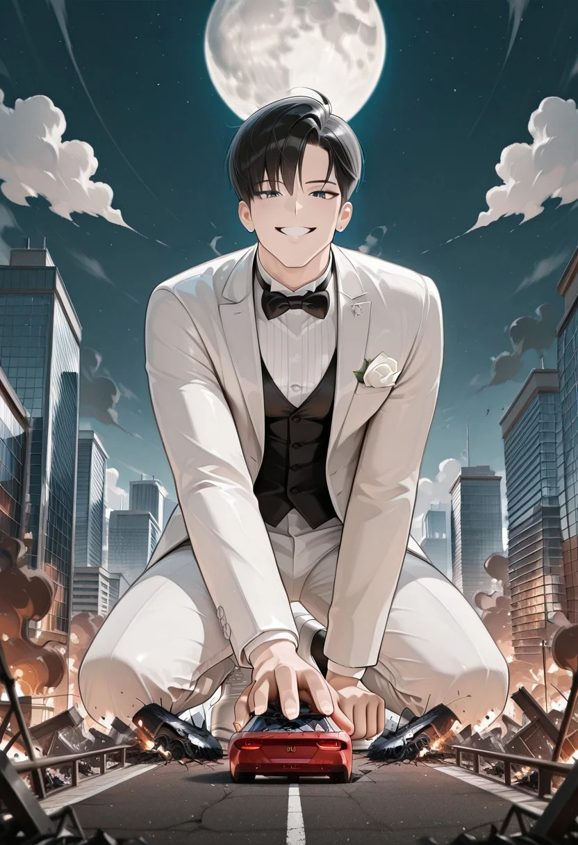 (masterpiece, best quality, very awa), BREAK, giant, giant male, dynamic, cinematic, BREAK, on hands and knees, kneeling on the ground. leaning in, grabbing at viewer, hand grabbing viewer, reaching towards viewer, from front, BREAK, handsome face, adult face, lean body, Sung Jin-woo, black hair, gray-blue eyes, white wedding tuxedo, white pants, white shirt, rose in pocket, wedding attire, white shoes, black socks, kpop hair, grinning, very evil look, very evil smile BREAK, full body, BREAK, destruction, city destruction, mass destruction, fire, burning smoke, skyscrapers, buildings, night sky, cloud, moon, BREAK, crushed vehicles, buildings crushed, city crushed, chaos, crushed objects,