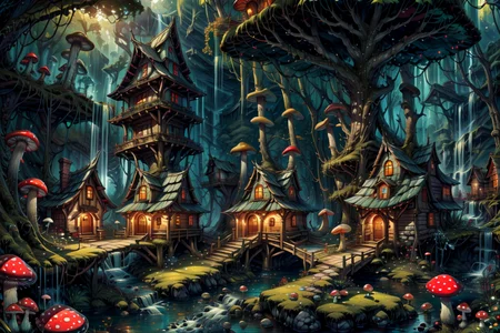 ((masterpiece,best quality)), absurdres, 8k, intricate, high detail,   
<lora:Magical_Forest_Home_v2:0.8>, Magical_Forest_Home,
a village of mushroom houses near a babbling brook, waterfall, bridges, 
mushrooms, Mushroom house, magic, glowing, <lora:more_details:0.7>