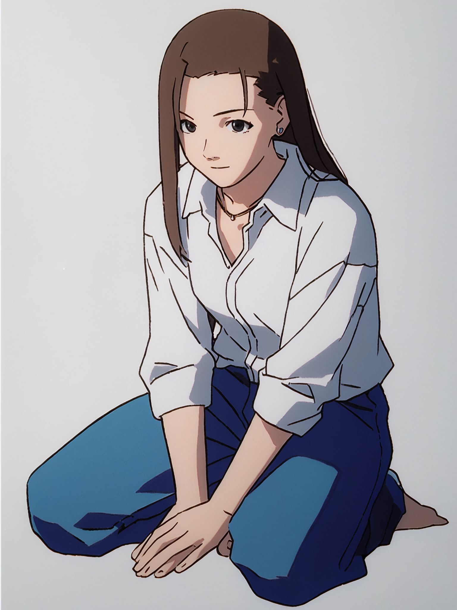 score_7_up, score_8_up, score_9, masterpiece, perfect hands, high quality, 1girl, solo, white background, <lora:Iwakura_Mika_PDXLv0-e40:0.8> iwakura_mika_\(home2\), white collared shirt, necklace, blue pants, full body,