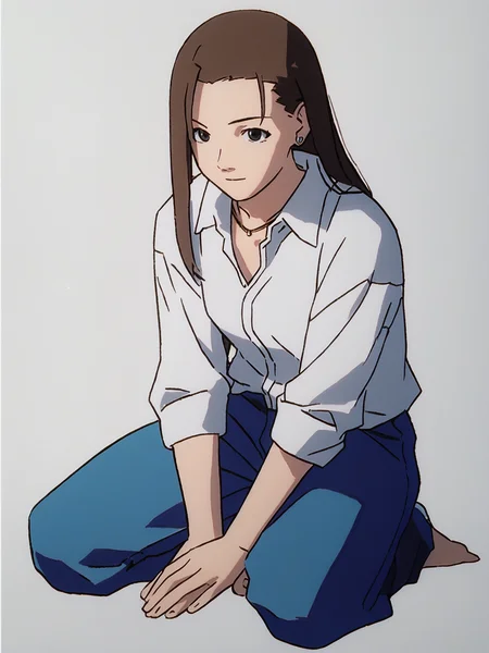 score_7_up, score_8_up, score_9, masterpiece, perfect hands, high quality, 1girl, solo, white background, <lora:Iwakura_Mika_PDXLv0-e40:0.8> iwakura_mika_\(home2\), white collared shirt, necklace, blue pants, full body,