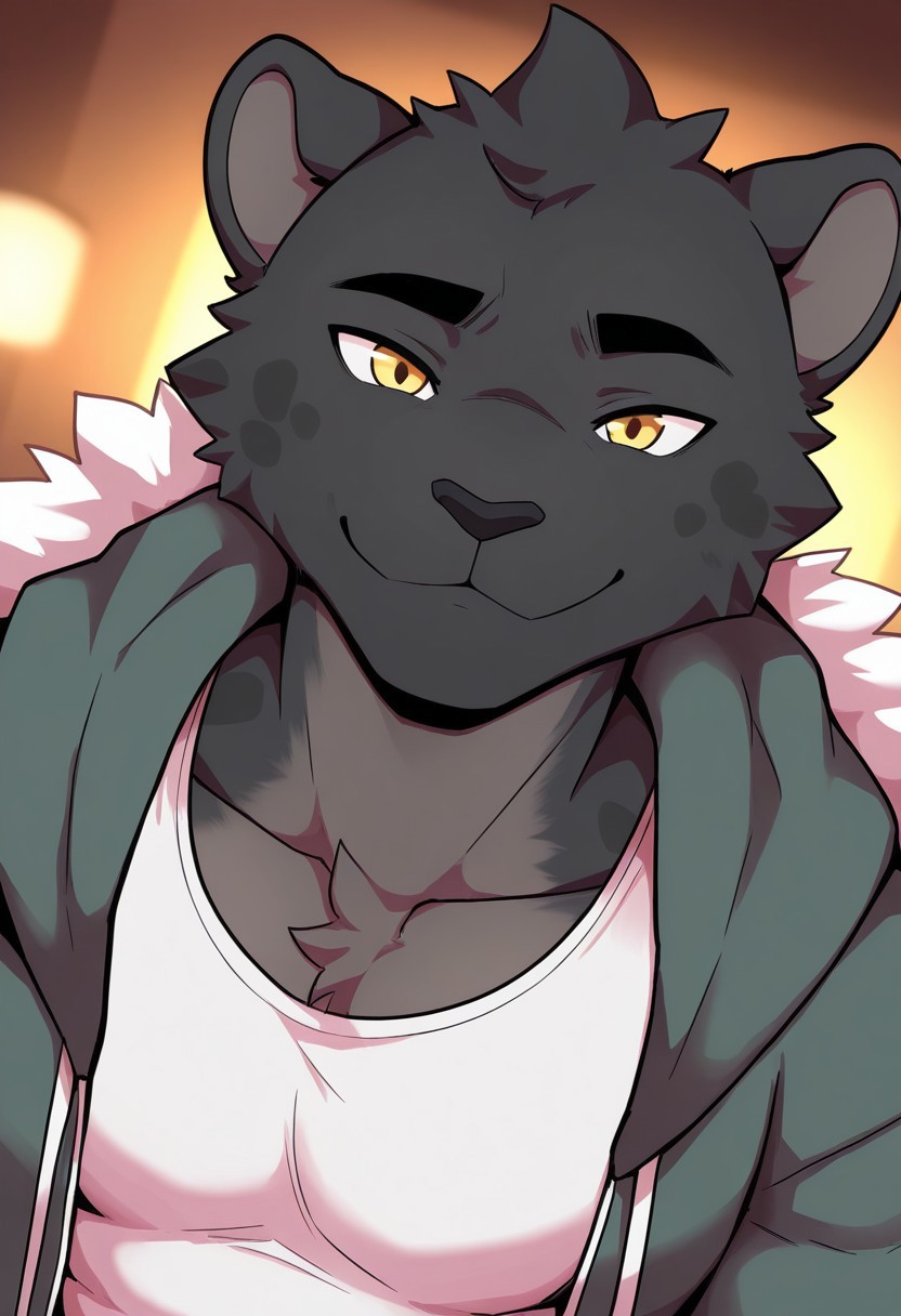 devon, black leopard, solo, smile, yellow eyes, muscular, furry, dynamic angle, face focus, portrait, white tank top, green hoodie, open jacket, denim, BREAK masterpiece, best quality, amazing quality, very aesthetic, high resolution, 4K, extremely-detailed, depth of field, separate focus, newest, detailed background, beautiful, cinematic lighting, snowy
