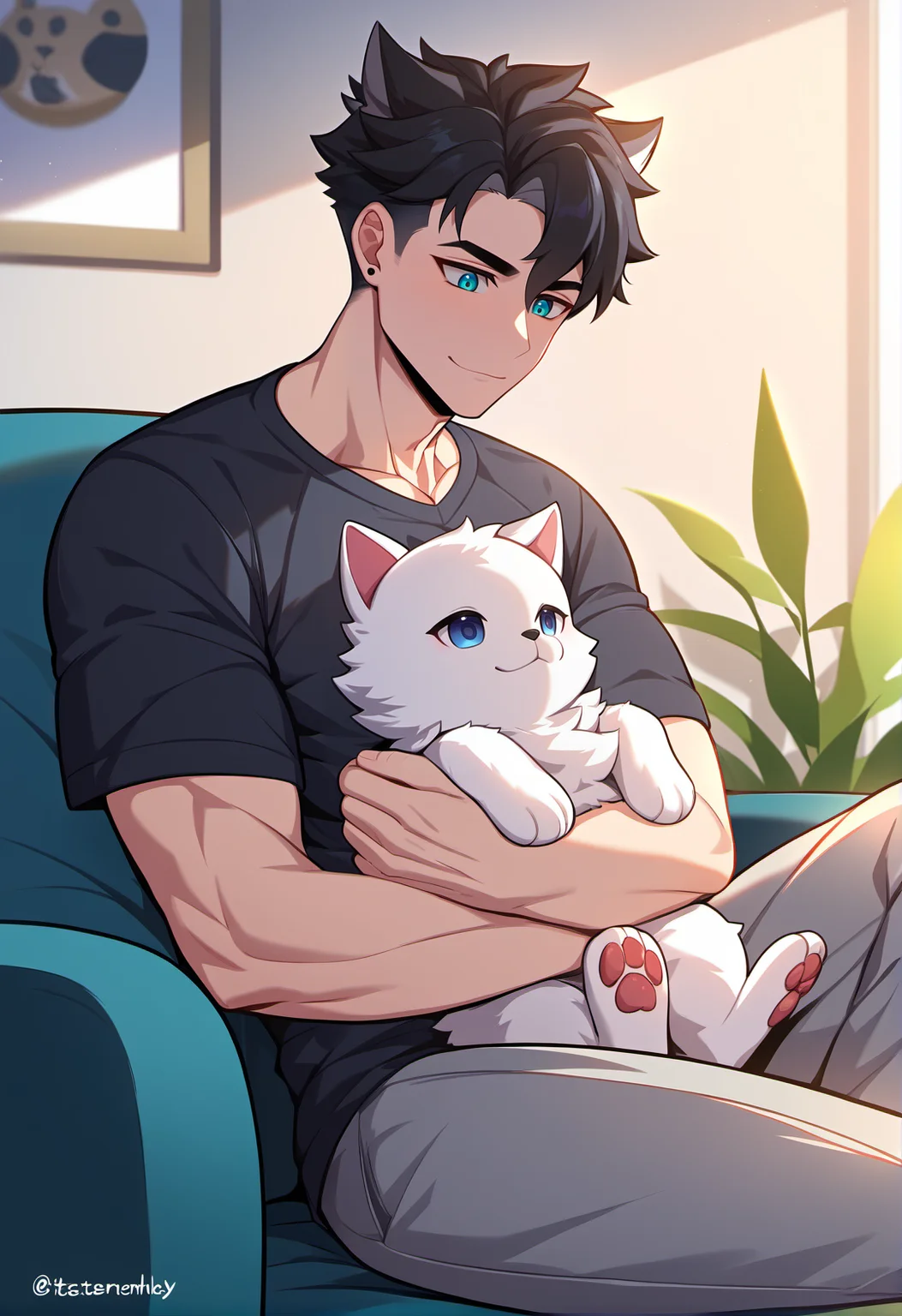 1boy, wriothesley, best quality, high resolution, materpiece, very detailed, male focus, sitting, holding puppy, holding, puppy, holding animal, animal, shirt, pants, best quality, amazing quality, best aesthetic, absurdres, <lora:add-detail-xl:1> <lora:Wriothesley:0.8>