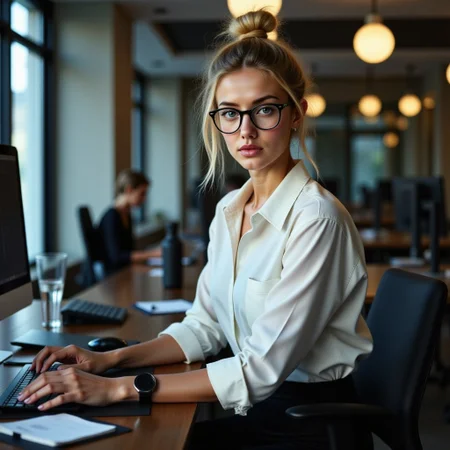A candid, photorealistic shot of ViennaFoxx, mid-20s, seated at her desk in a sleek tech office. She wears a crisp white shirt, sleeves rolled up, tucked into high-waisted black pants. Her messy blonde bun is loose, with strands falling around her face. She leans forward slightly, Black frame glasses, looking at viewer. The glow from the monitor lights her sharp green eyes. Her expression is calm, intense. Around her, the office fades into soft blur—she is the clear, quiet center of the scene.