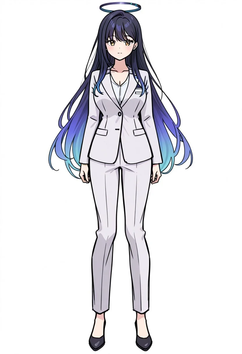 (masterpiece:1.2), (best quality:1.2), (absurdres:1.2), anime coloring, anime screencap, 1woman, halo, medium_breast, long flowing light black hair, pastel blue highlights and gradient hair, side-swept bangs, beautiful eyes and hair, (almond eyes, slant eyes:1.2), mature, standing, white background, business suit, pant, detailed eyes, high detail eyes, multicolored iris, detailed iris, full lashes, Manhwa style,Bright colors, Contour line, pale painting,full body, sprite, sketch, easynegative, VtuberXL,, virtual youtuber
