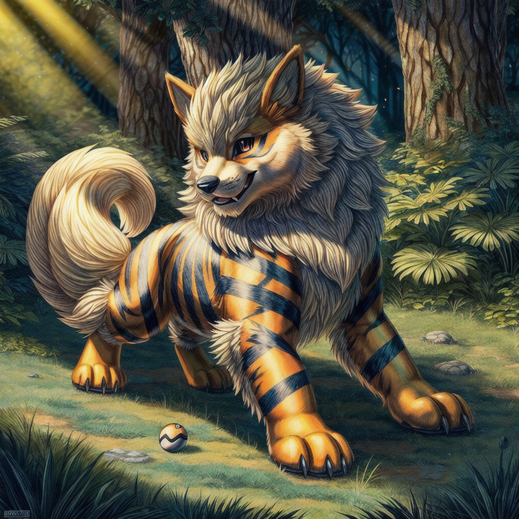 (((Arcanine, Pokmon, Animal,))), solo, single, Tiger, wolf, orange fur, fluffy, cuddly,   <lora:Arcanine - Pokmon:1>
(masterpiece, sidelighting, finely detailed, beautiful),  <lora:add_detail:1> <lora:hairdetailer:0.2>
In forest,