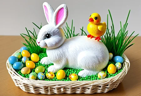 lazypos, Easter scene, bunny, chick, made of marbles, beads, eggs, basket, colorful, realistic