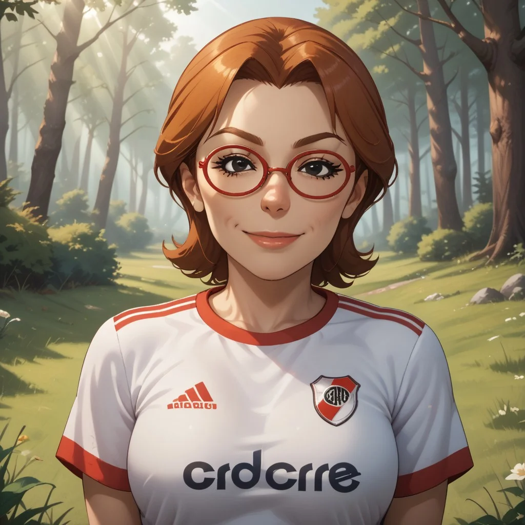 score_9, score_8, BREAK, solo, wii, mii, wii sports, 1girl, female mii, black eyes, auburn hair, brown eyebrows, red glasses, lips, RiverPlate, striped shirt, striped, shirt, white shirt, short sleeves, clothes writing, sportswear, soccer uniform, nintendo mii, modern_mii, classic_mii, breasts, yoshi_(wii_sports), adult female, mature female, sexy pose, self portrait, smile, outdoors, sunlight, shadows, evening lighting, natural lighting, forest, trees, grass, orange sky, sunset