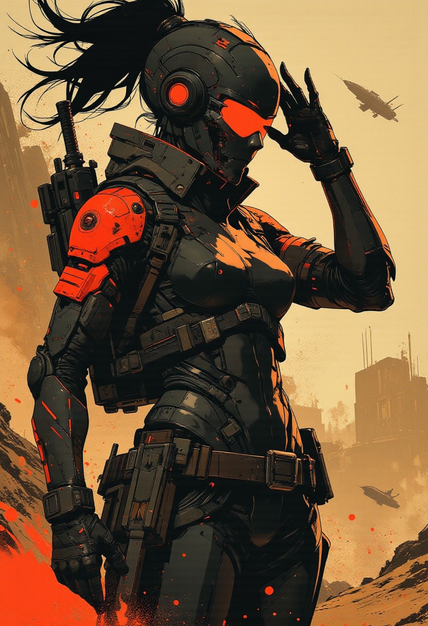 in the style of ck-mgs, nistyle, Inkplash art on rice paper, sepia, henna, Silhouette Art, magnificent, inksplash, closeup portrait, female bounty hunter, flowing black hair, reflective black and neon red armor, futuristic armor, a rifle strapped to her back, holstered pistol, holding hand up to block dust flying in her eyes, abstract background suggesting a harsh desert world, Spaceships flying overhead, dust storm, windy, 
Cowboy Shot, close up,