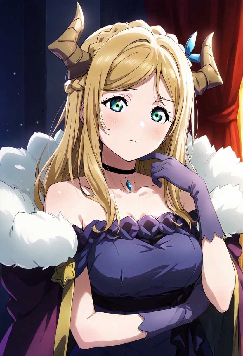 masterpiece, best quality, solo, 1girl, aged up, 
MariMari, green eyes, blonde hair, demon horns, long hair, crown braid, blue dress, purple gloves, bare shoulders, purple cape, off-shoulder dress, (upper body), black choker, fur trim,