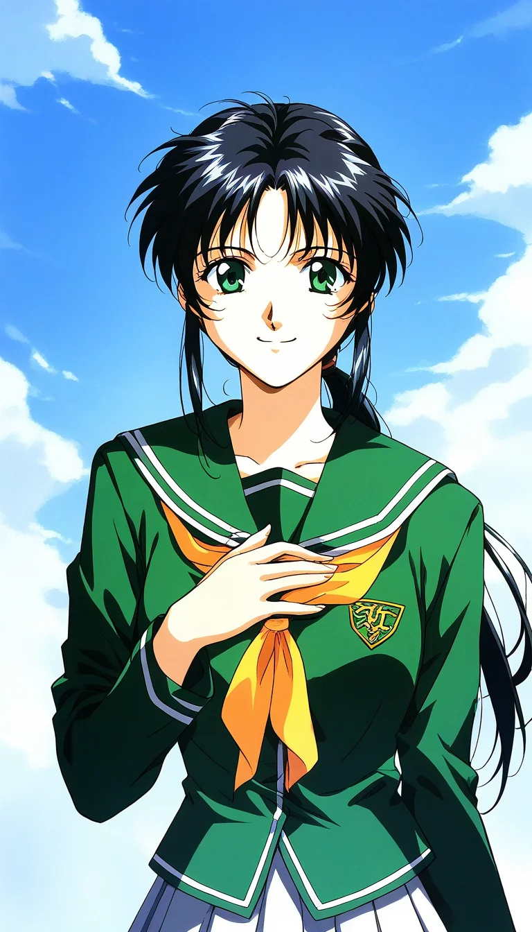 score_9, score_8_up, score_7_up, source_anime, rating_explicit, BREAK <lora:Tachibana_Yumi_XL:1> Tachibana_Yumi, black hair, long hair, green eyes, low ponytail, bangs, sidelocks, 1990s (style),
1girl, solo, school uniform, smile, hand on own chest, looking at viewer, long sleeves, upper body,
green shirt, serafuku, skirt, shirt,
blue sky,