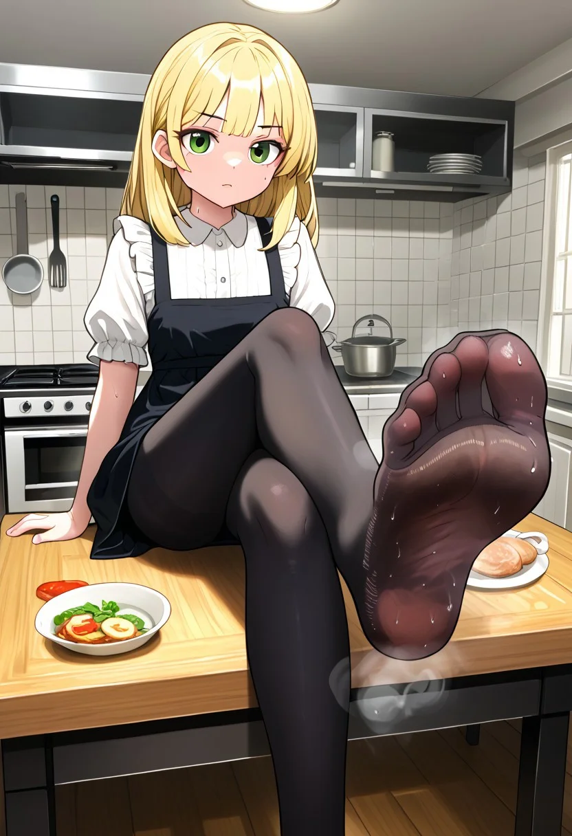 dress, white socks, sfw, crossed legs, sitting on table, kitchen, , green eyes, , black pantyhose, soles, steamy soles:1.8, sweaty feet:1.2, lumima, blonde hair, housewife