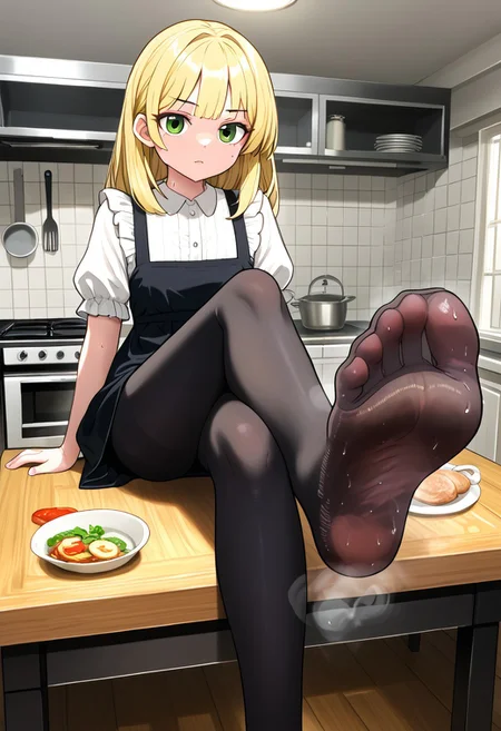 dress, white socks, sfw, crossed legs, sitting on table, kitchen, , green eyes, , black pantyhose, soles, steamy soles:1.8, sweaty feet:1.2, lumima, blonde hair, housewife