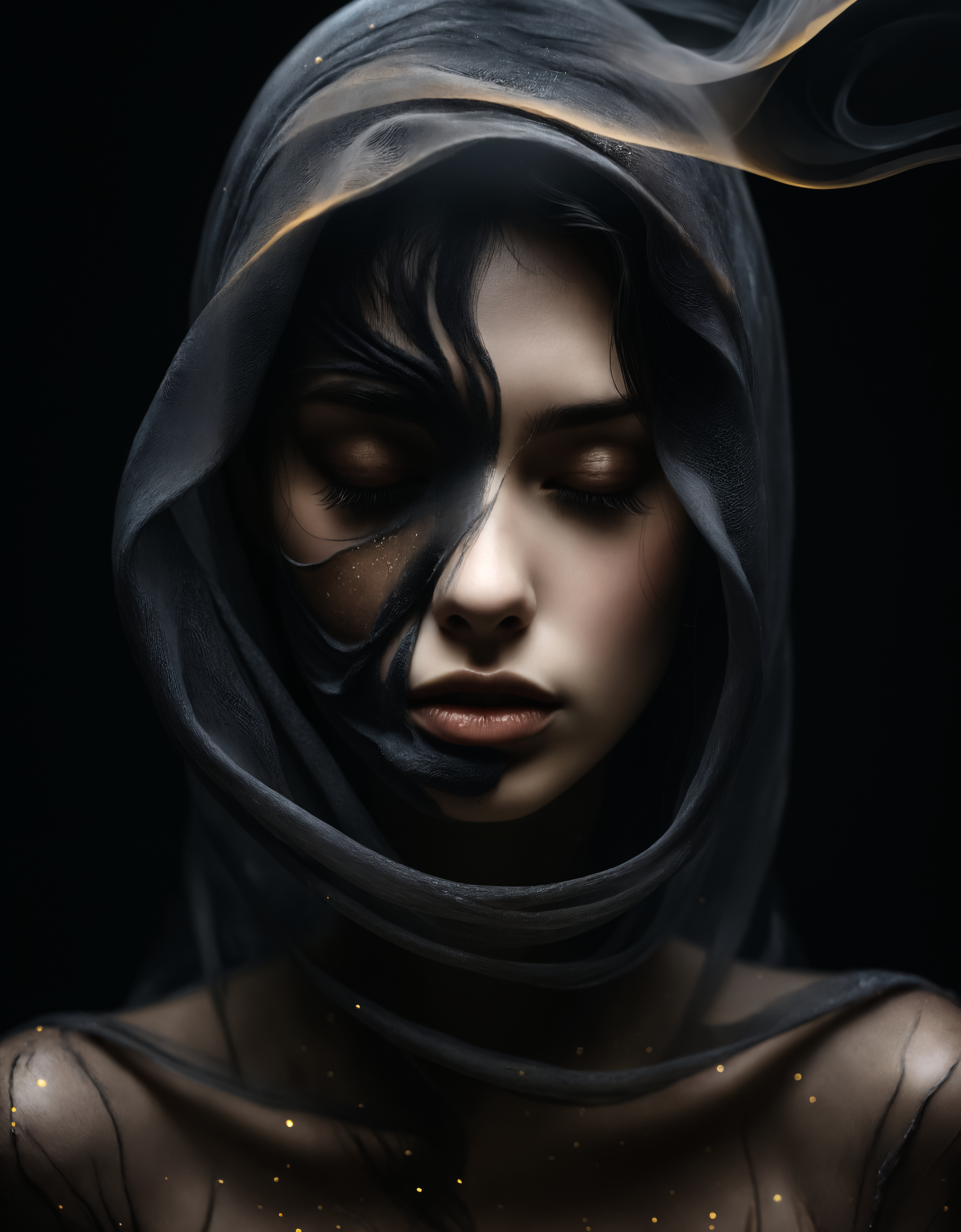 illustration of a flower, beautiful woman, elegant, seductive, otherworldly, mysterious, covered face, ash veil, molten plastic, abstract, black plastic, white plastic, galactic dusk, gold particles, thin black shirt, dark, (molten lava:1.2), smoke, nicola samori
