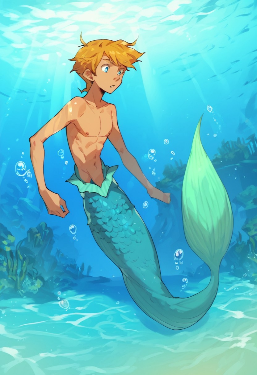 score_9, score_8_up, score_7_up, score_6_up, score_5_up, score_4_up, 
mermaid, 1boy, male focus, solo, topless male, blue eyes, blonde hair, short hair, Underwater, submerged, ocean, bubbles, sunlight, god rays, green tail,