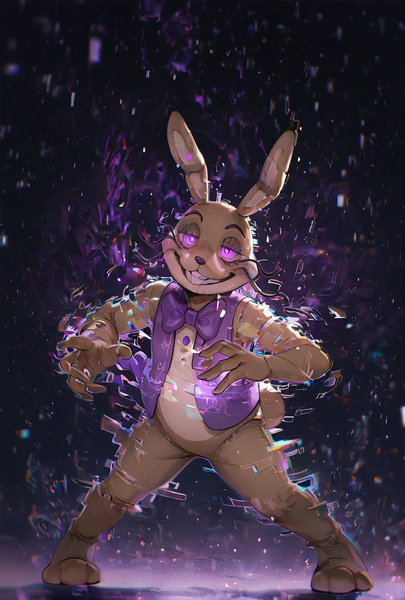 <lora:glitchtrap-04:1> glitchtrap, smile, purple bowtie, purple vest, , furry, 1boy, rabbit ears, dynamic pose, glitch effects, glitch particles <lora:WSSKX_WAI:1>, masterpiece, best quality, amazing quality, very aesthetic, absurdres, newest,