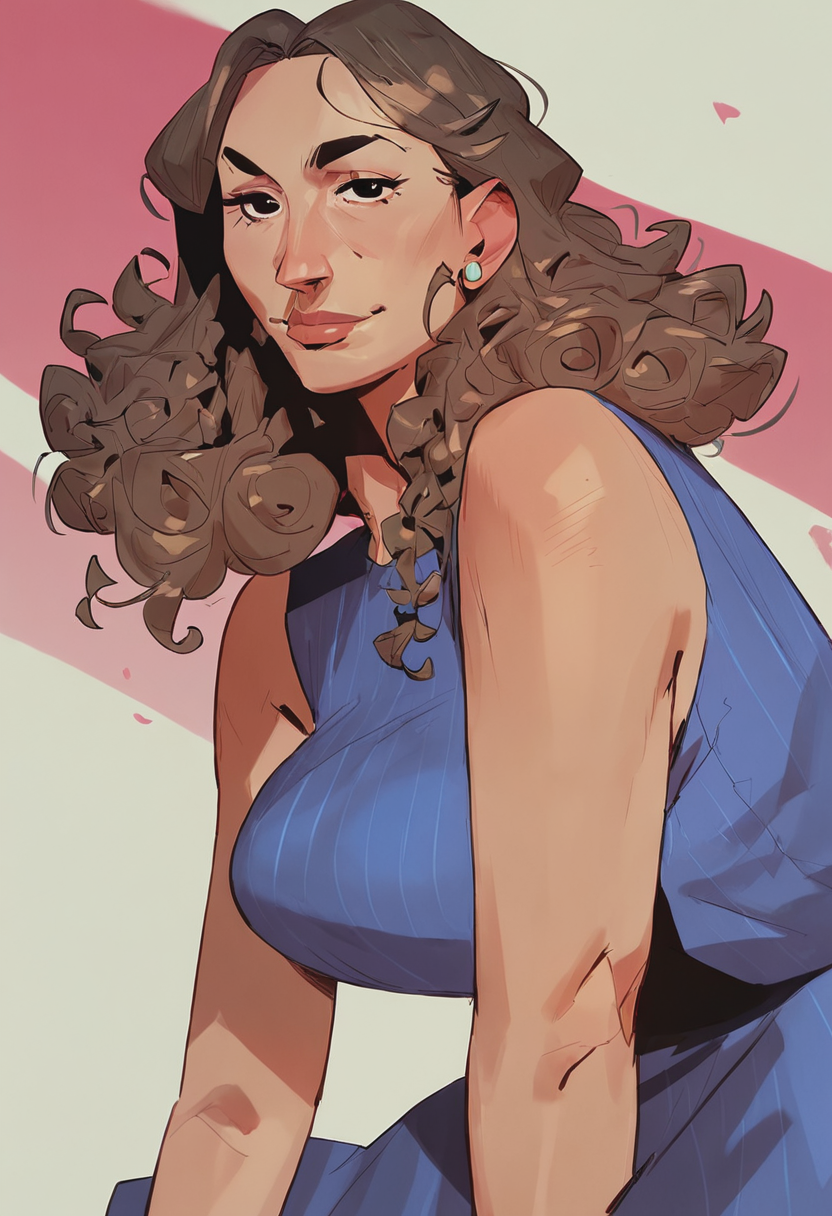 score_9, score_8_up, score_7_up, source_anime, 1girl, large_breasts, mature_female, portrait, solo, looking_at_viewer, open_eyes, Kneeling with one arm extended upwards, fisheye, (Blue-violet Frock), curly hair, braids, Dark Brown hair, megastructure, wide_shot, rating_safe, <lora:pony\artist_styles\max_grecke_pony:1.0>