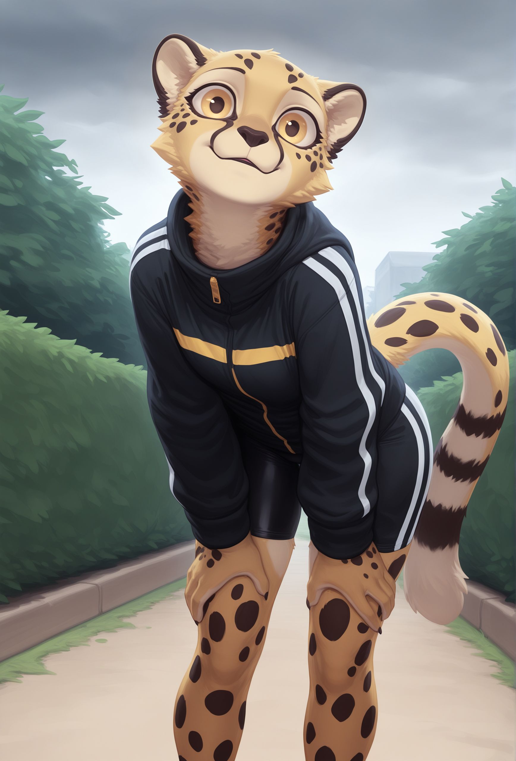 masterpiece,best quality,amazing quality, <lora:maxmushroom_style_illustrious_v1f:1> maxmushstyle, 1girl, furry, cheetah girl, yellow eyes, solo, BREAK
jacket, bike shorts, stripe, path, hedge, detailed background, leaning forward, overcast, low angle